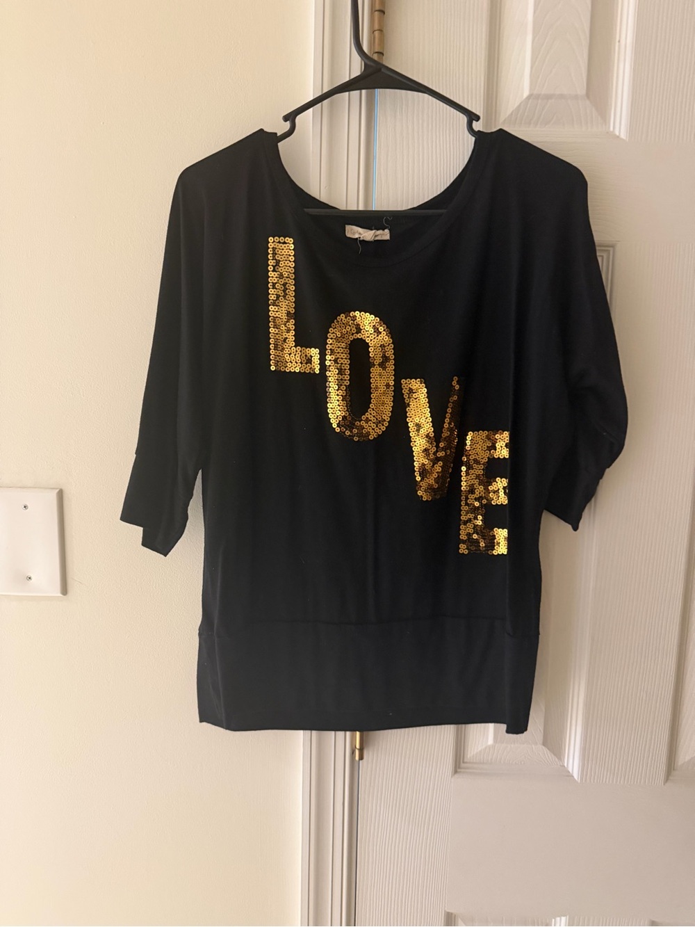 plus size black blouse gold sequins “Love”